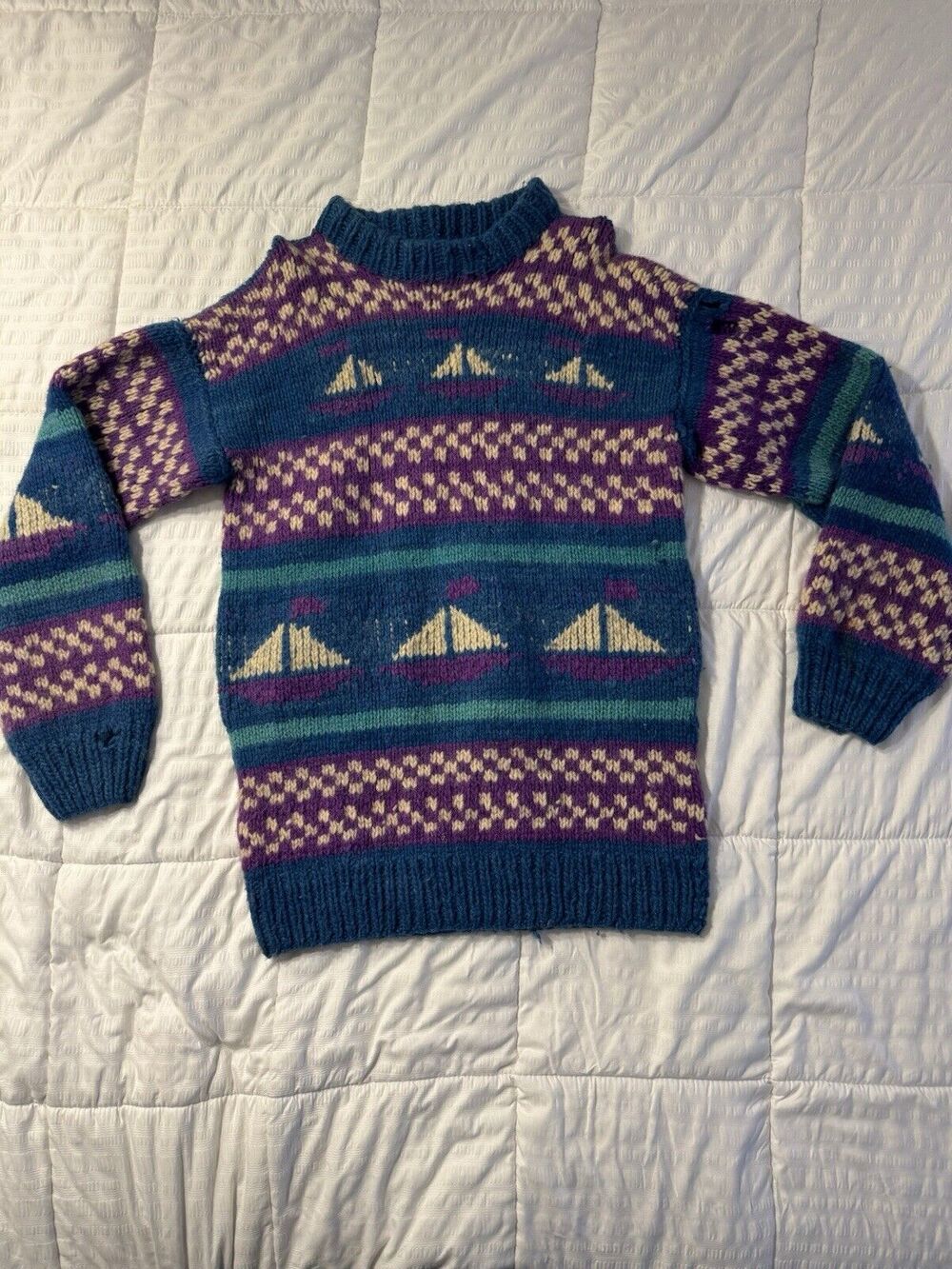 Vintage Blue Boat Print Sweater Knit Wool Purple Winter Holiday Stripe 90s *Read
